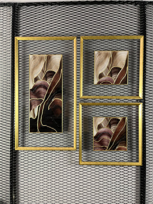 Cam Paspartulu 3'lü Tablo Seti - El Yapımı Rölyef Dokulu Duvar Dekorasyonu | Estela Design