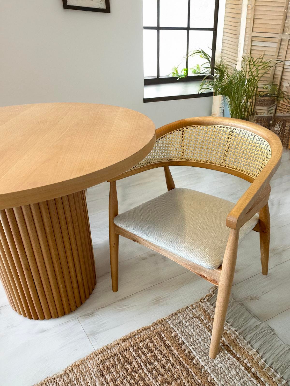 Gazel Hazeranlı Ahşap Bohem Sandalye - Naturel Hasır Sandalye | Estela Design