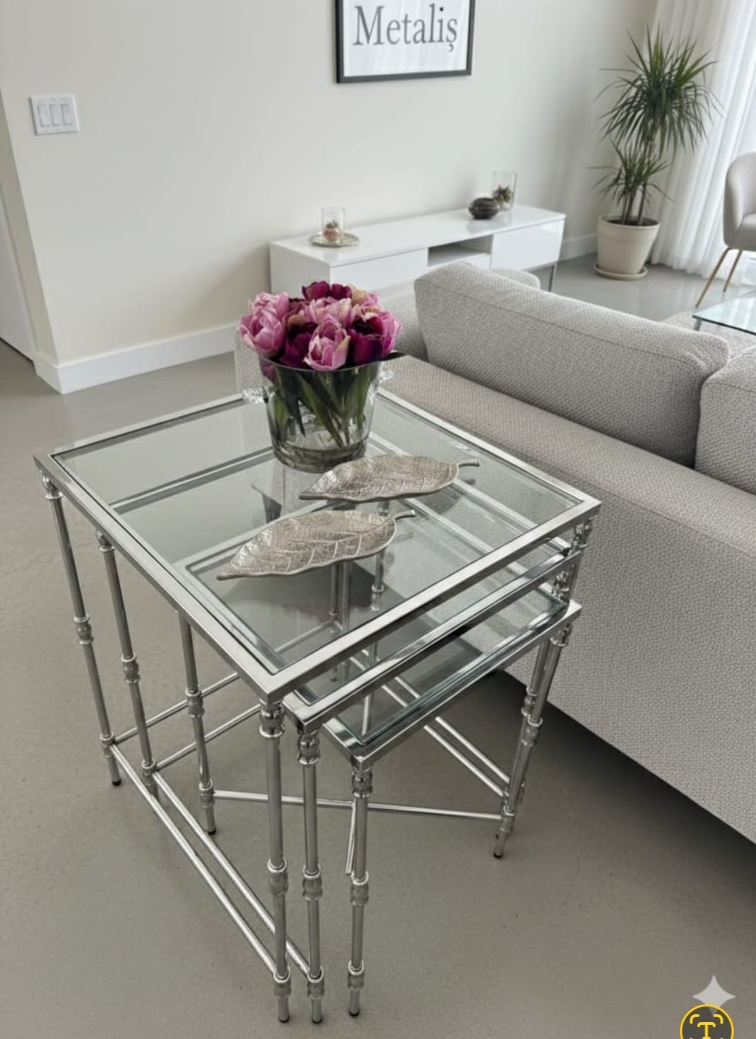 Torna Detaylı Gümüş 3'lü Zigon Sehpa