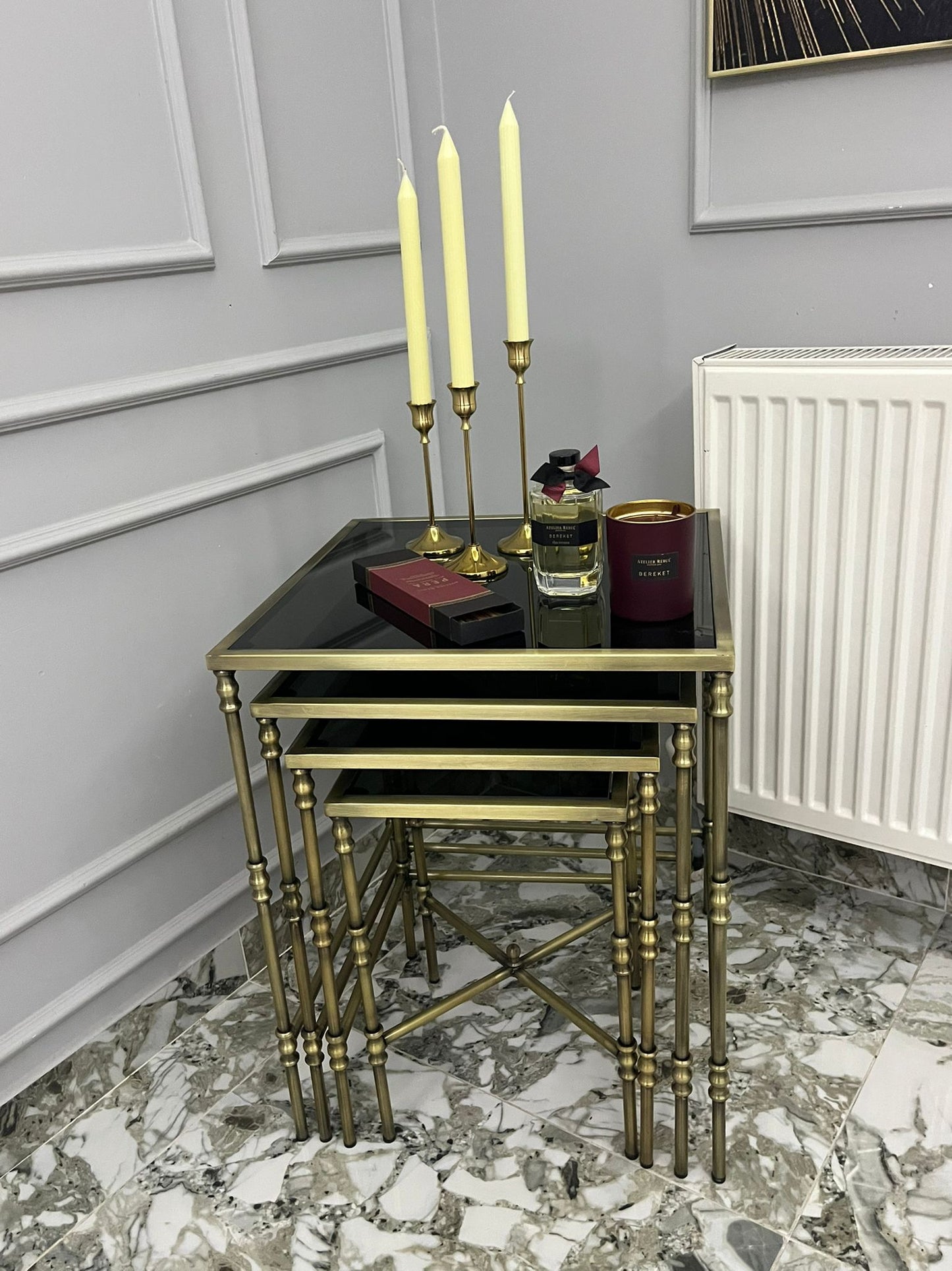 Torna Detaylı Pirinç Eskitme 4'lü Zigon Sehpa/Füme Cam