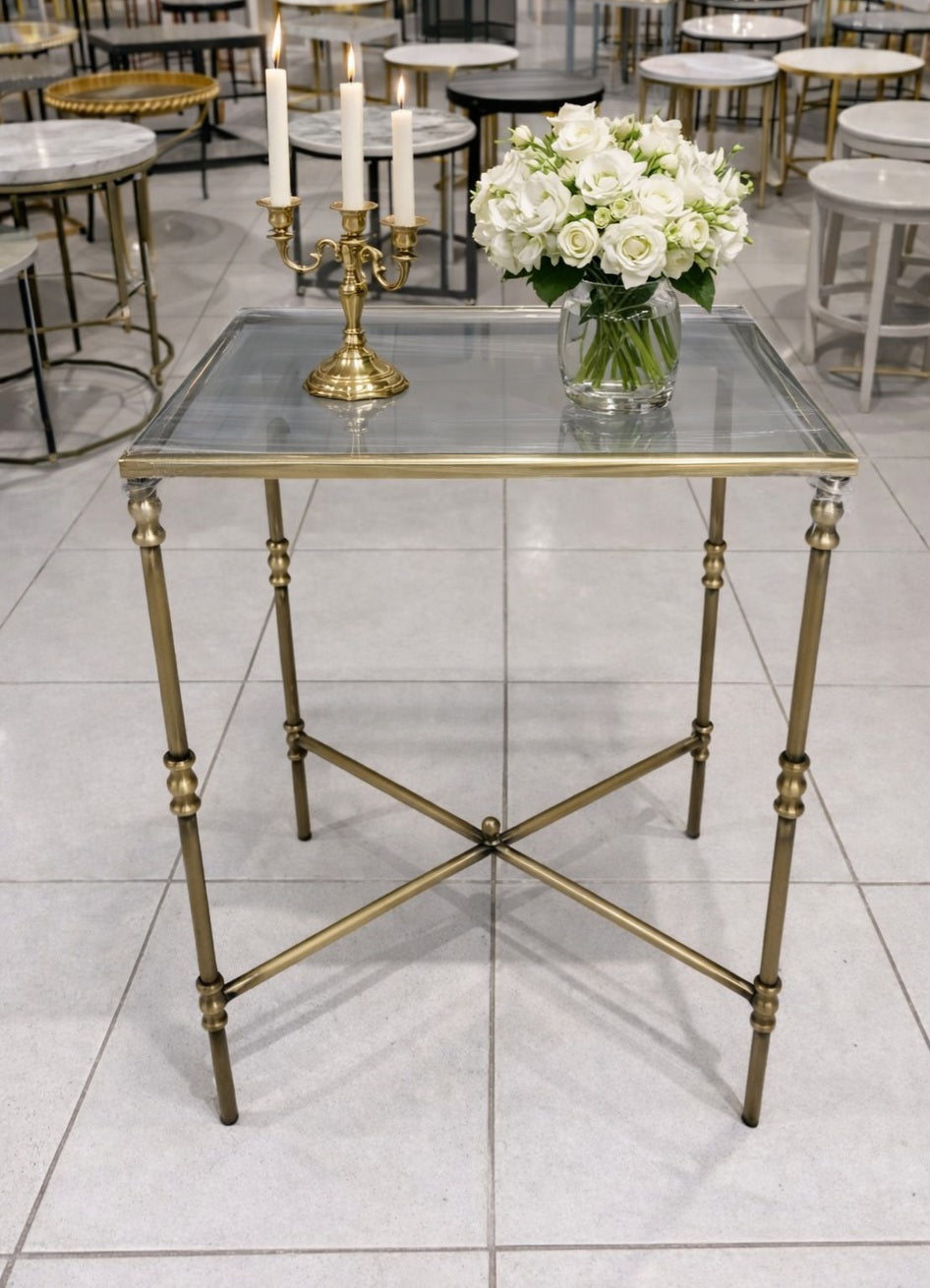 Torna Detaylı Pirinç Eskitme  Kare Yan Sehpa